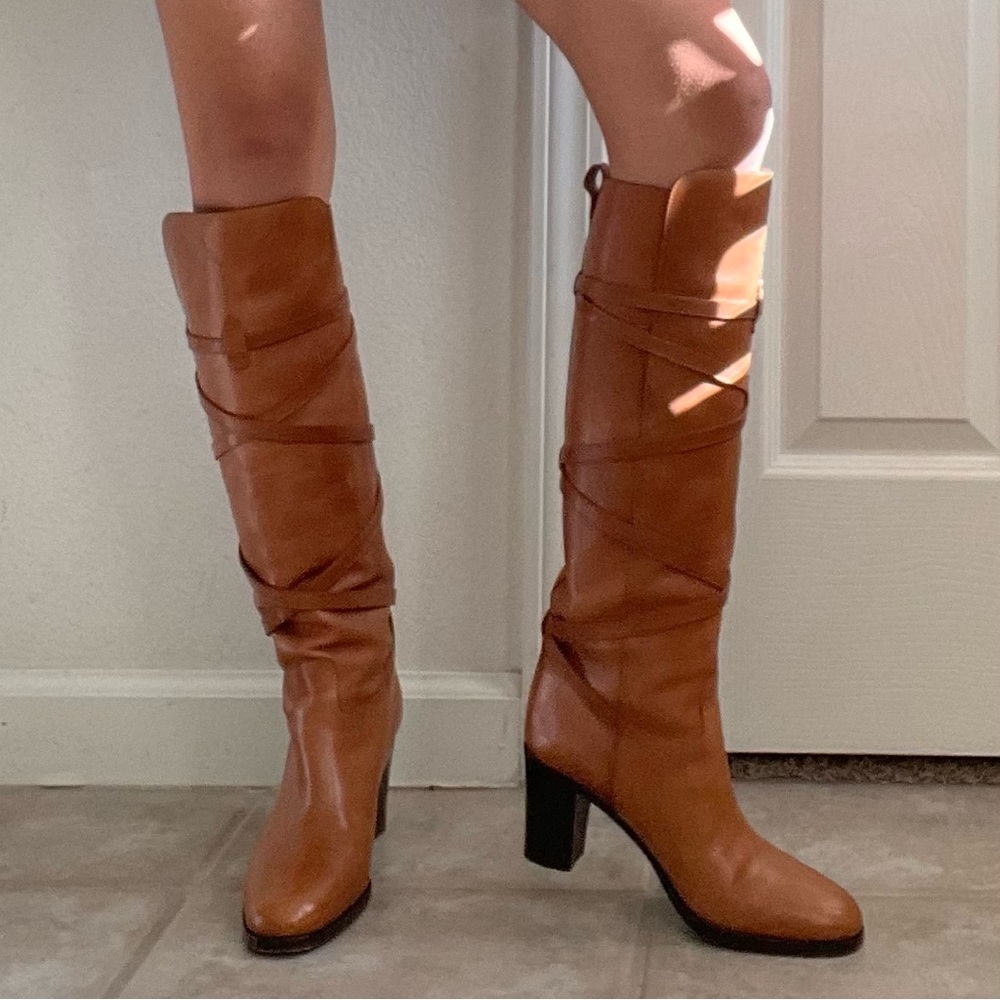 Yves Saint Laurent Wrap Leather Knee High Heeled Brown Boots